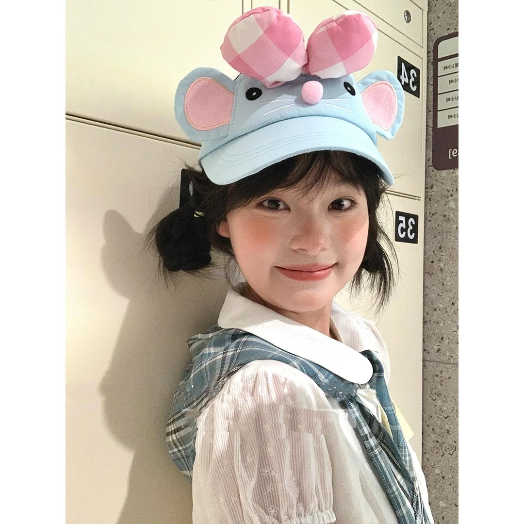 原创款！敲可爱蝴蝶结小蓝鼠可爱空顶防晒帽女夏季老鼠遮阳帽百搭