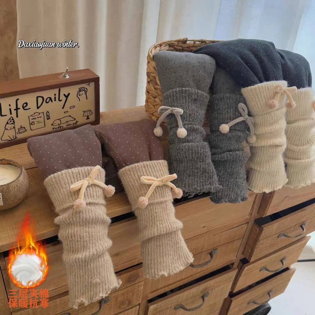 女童冬季三层夹棉一条过冬棉裤宝宝韩系童装波点堆堆袜休闲风裤子