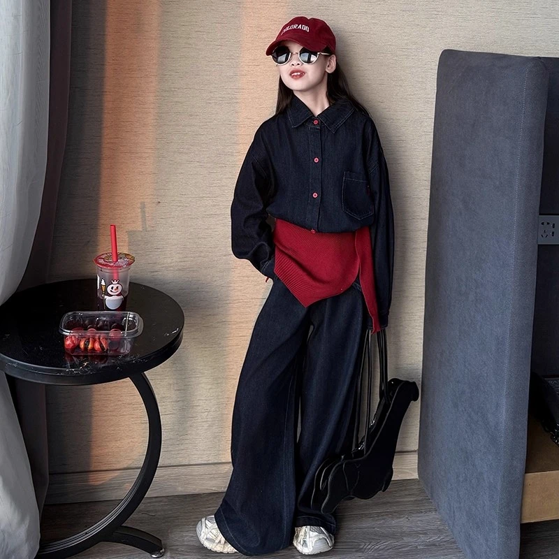 女童牛仔套装秋装2025新款儿童洋气春秋款外套中大童阔腿裤三件套