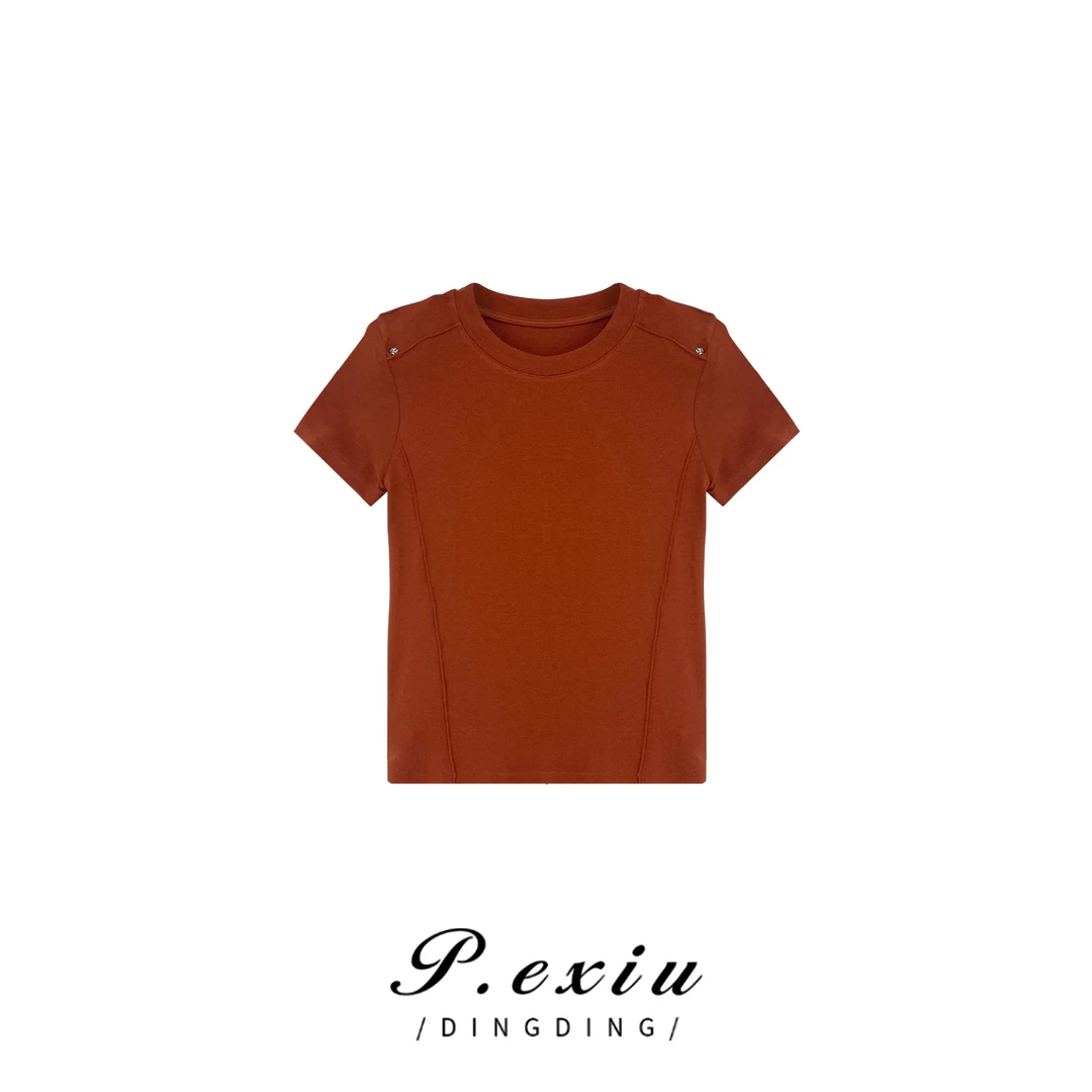 PanYiXiu/潘依绣时尚简洁小垫肩圆领纯色百搭短袖T恤 W-61086