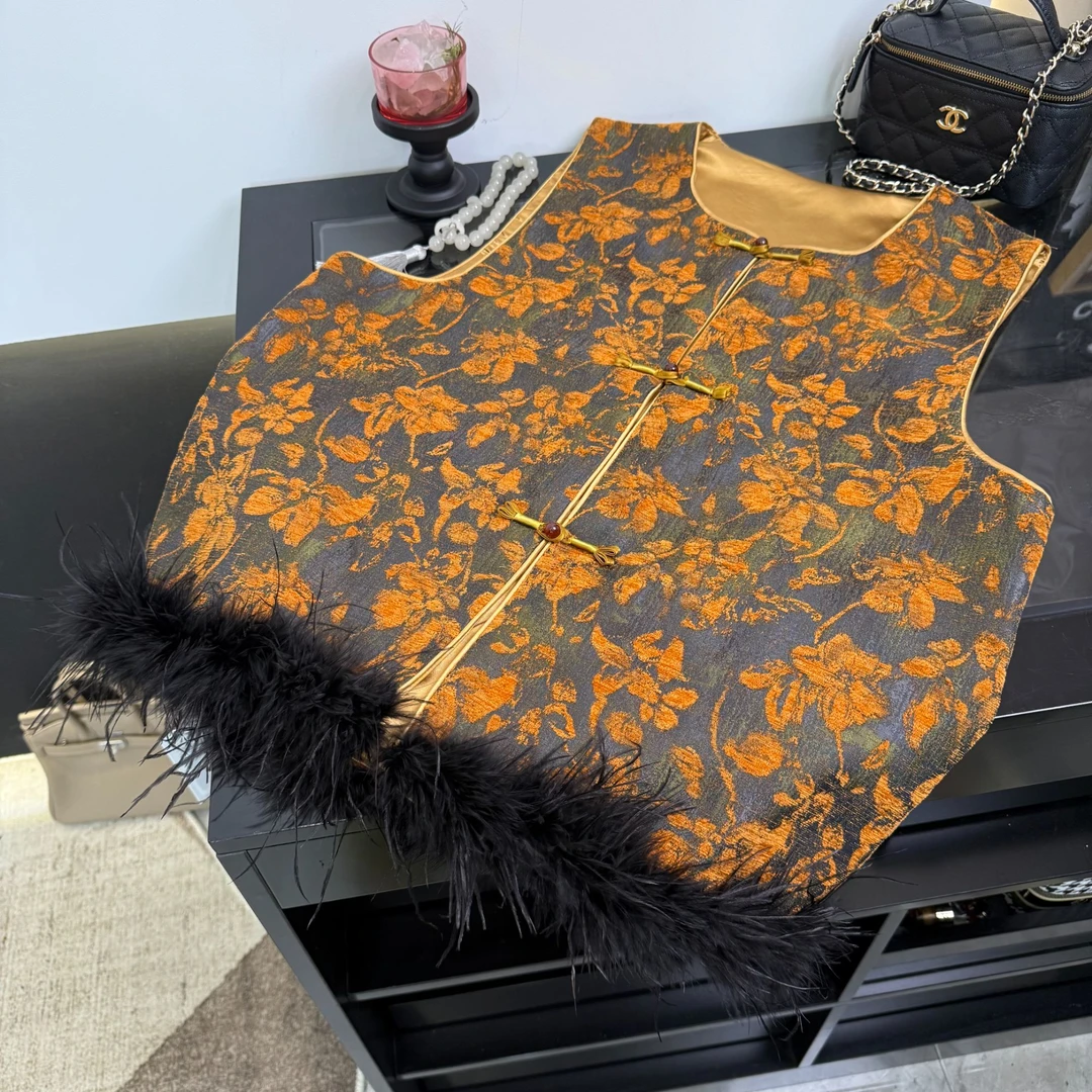 圆领印花秋季无袖薄款马甲马夹宽松型国风新中式复古常规款百搭