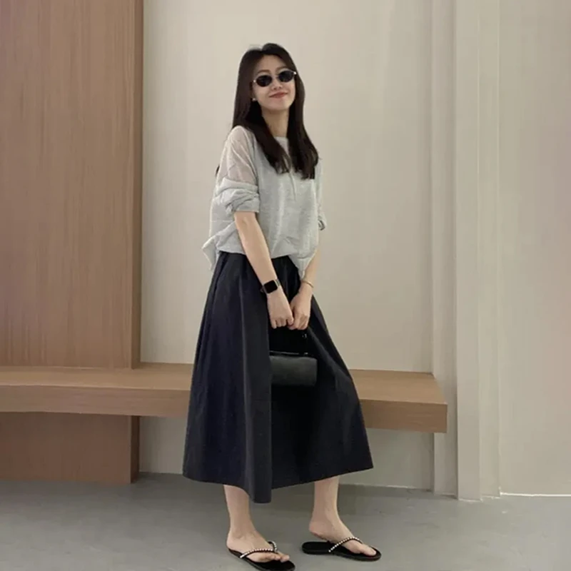 夏季新款慵懒风防晒长袖衬衫上衣百搭高腰显瘦半身裙子气质套装女