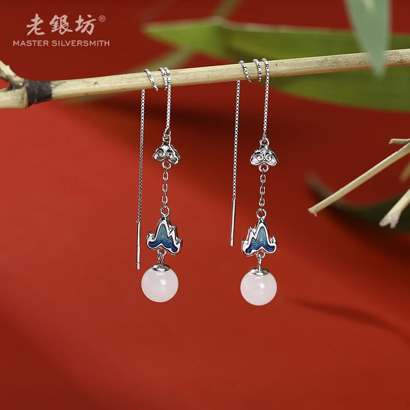 【老银坊】s925银和田玉祥云江山珠珠耳线 0013028