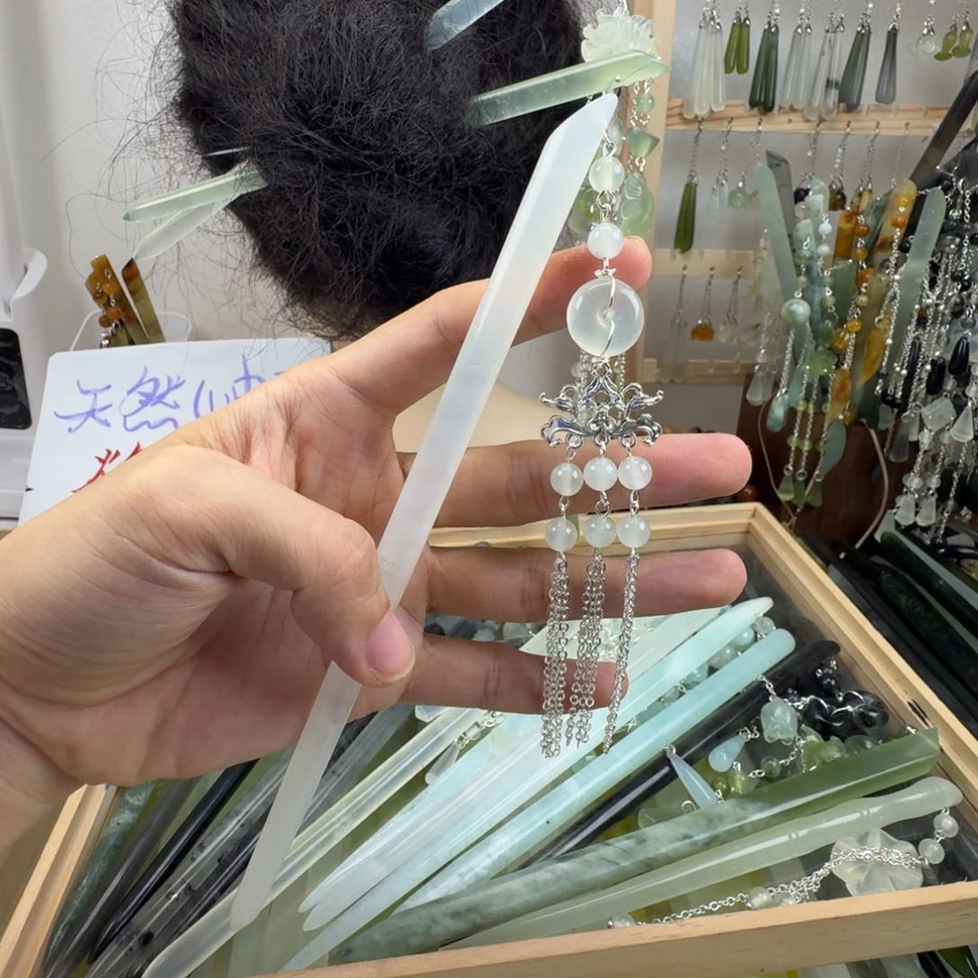 蛇纹石玉合金发饰长度19.3