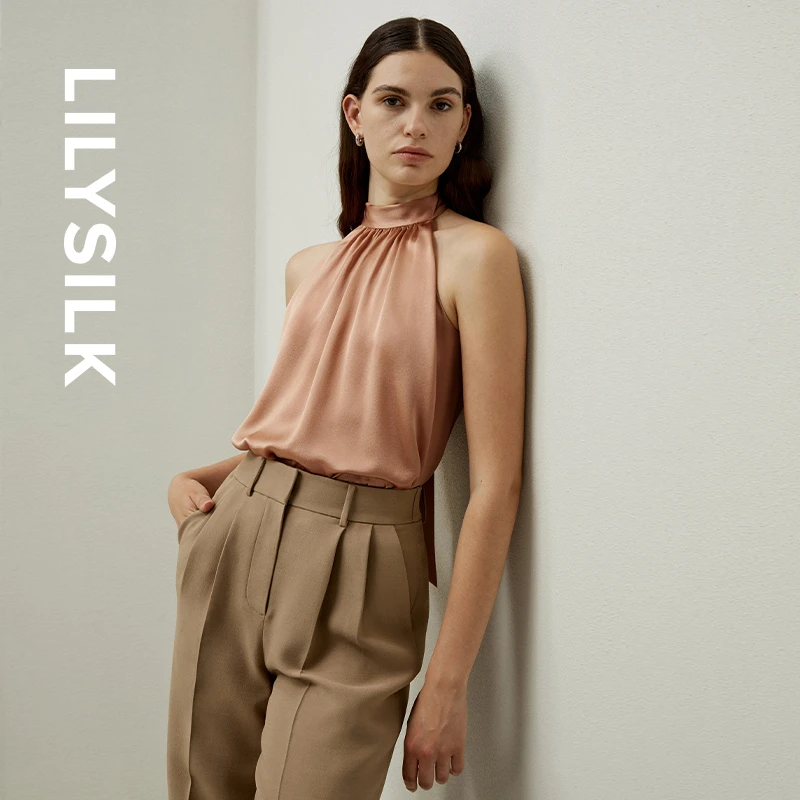 莉莉秀客25春桑蚕丝女士经典简约优雅褶皱挂脖系带款上衣LILYSILK