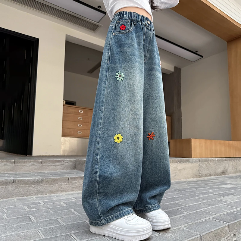 女童牛仔裤秋季2025新款儿童阔腿裤洋气韩版绣花裤子中大童宽松潮