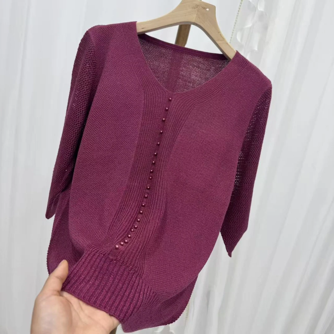 【玫红色棉纱中袖】时尚百搭休闲针织衫