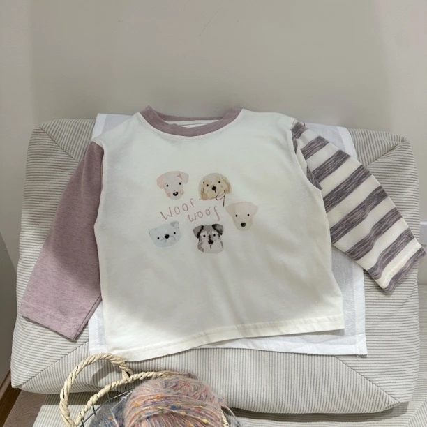 儿童童装春季拼色新款小狗印花T恤上衣