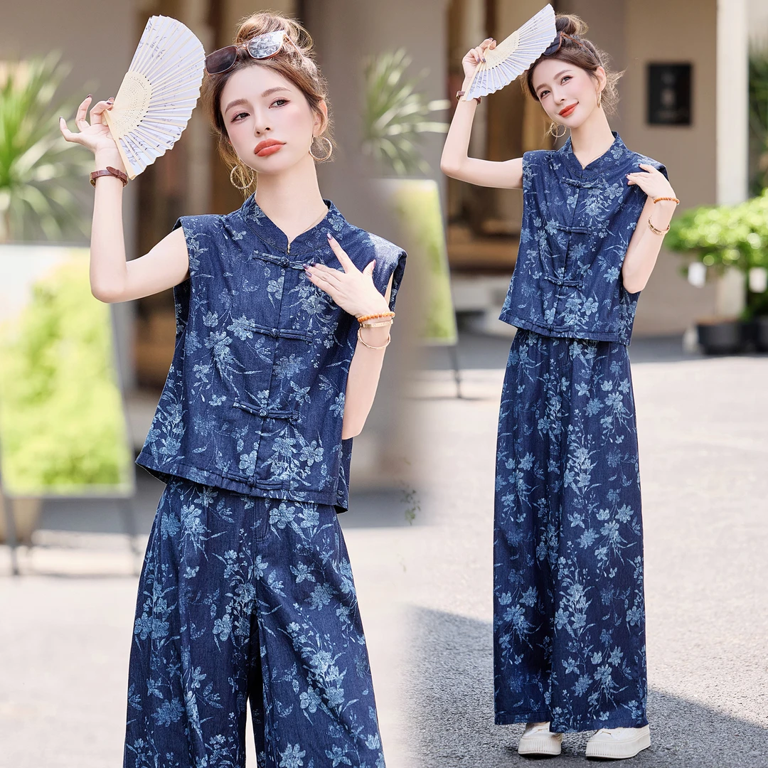 新中式国风印花盘扣套装女2025年夏季新款松弛感气质阔腿裤两件套