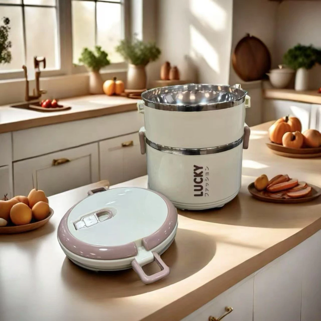 双层简约米白色保温饭盒户外驾车个人用品