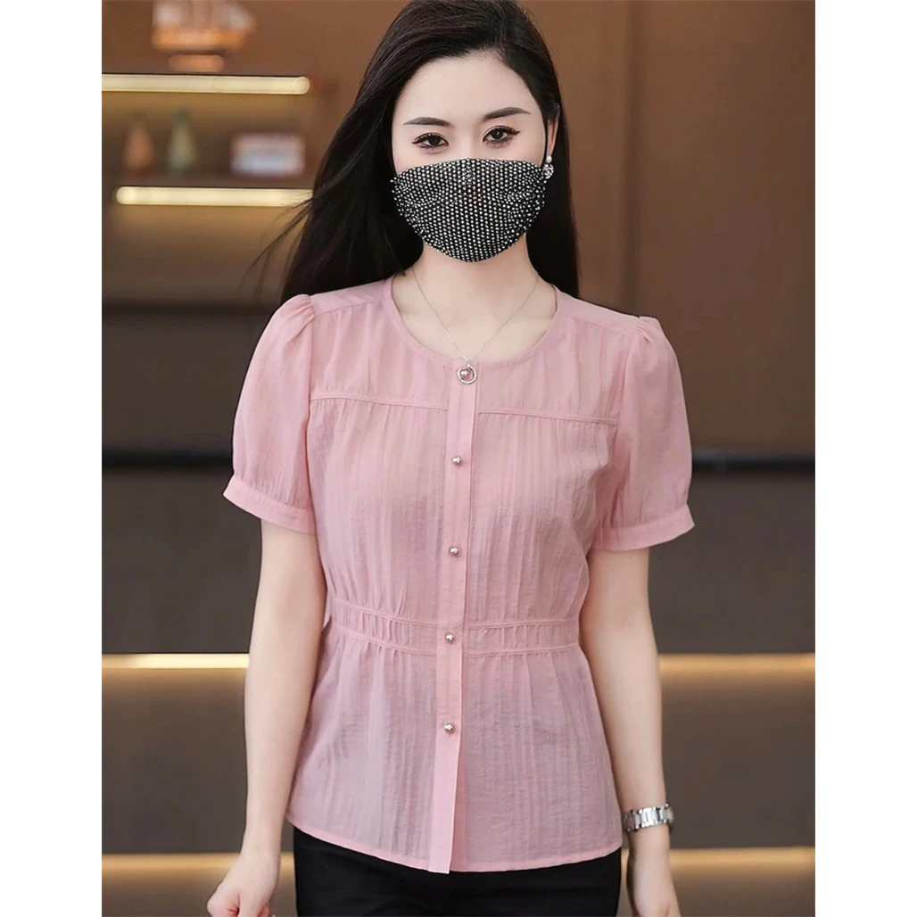 夏季新款圆领百搭妈妈装短袖衬衣女纯色防晒薄外套