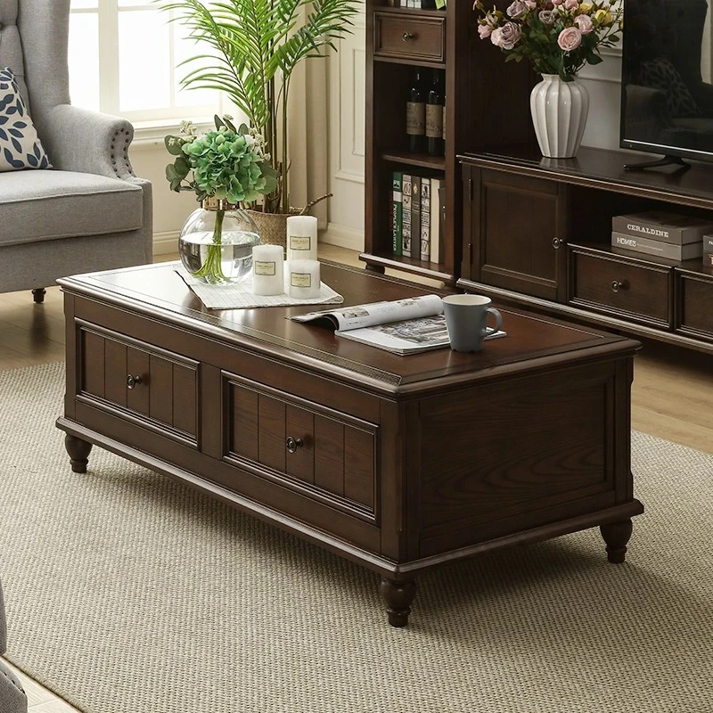 方寸毫厘茶几实木 美式乡村实木茶桌带抽屉储物做旧复古客厅家具