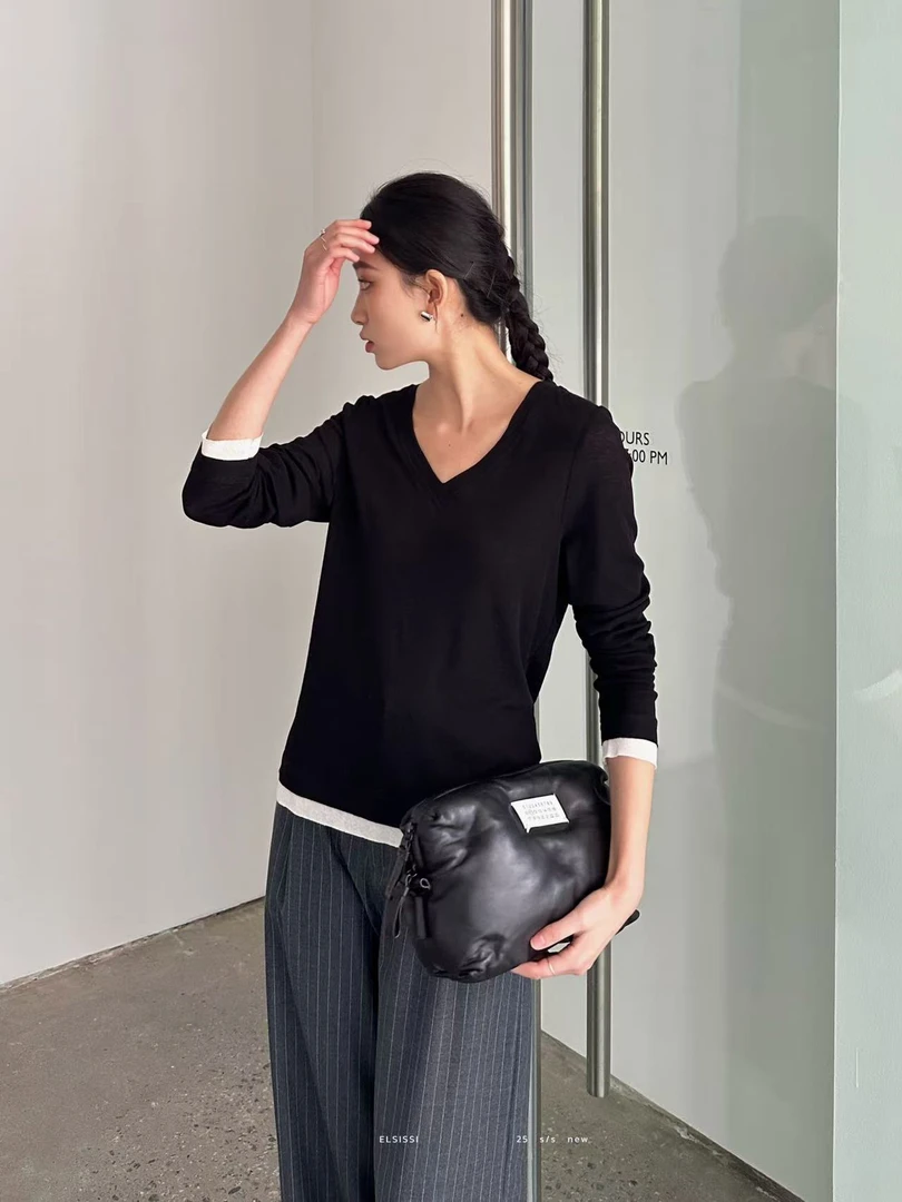 福秒-敲轻薄～v领撞色长袖T恤（E8228#）ELSISSI