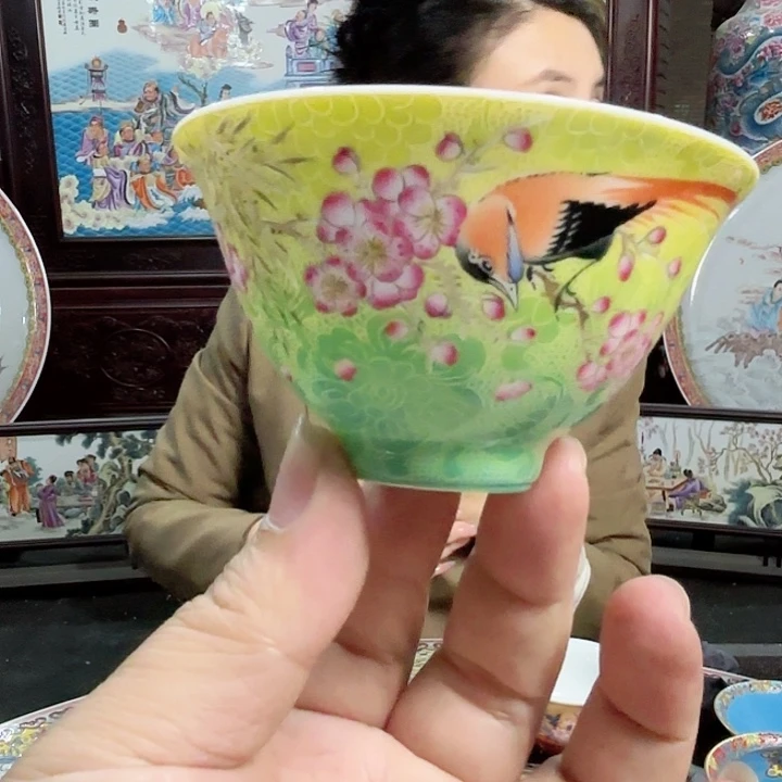 陶摆件景德镇高温陶瓷扒花花鸟杯