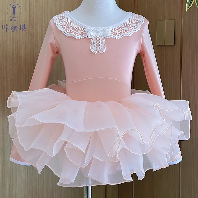 咔萌琪25100儿童舞蹈服蝴蝶花边领长袖体服+银耳裙套装