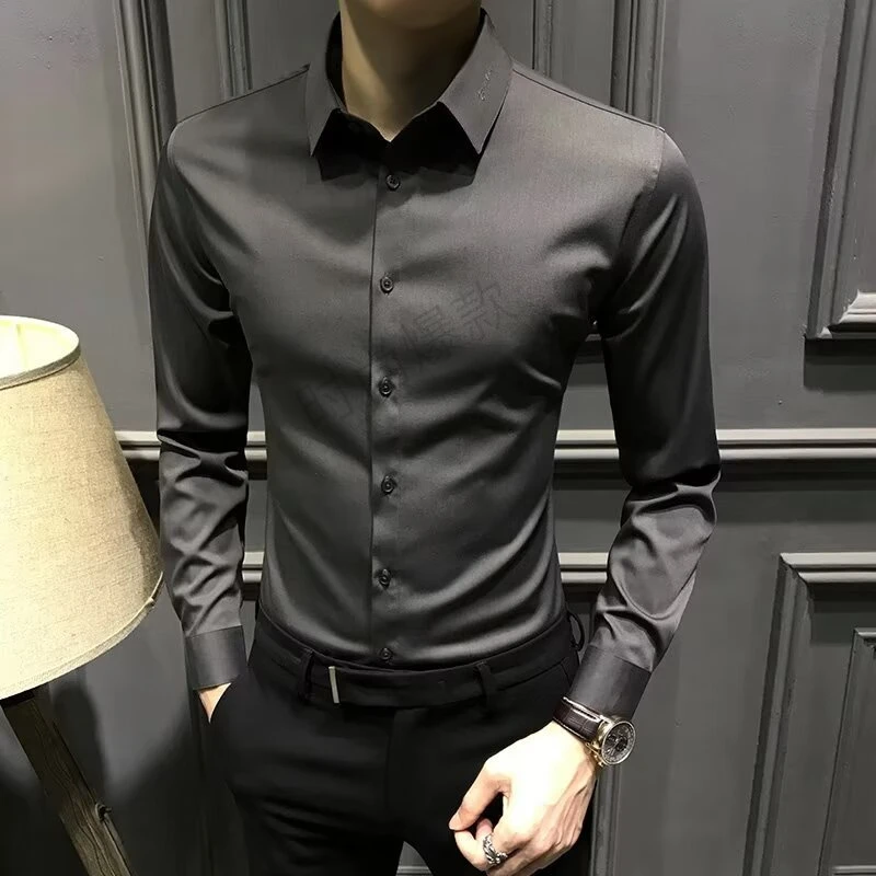 高级感弹力无痕长袖衬衫垂感丝滑免烫男衬衫商务休闲痞帅修身衬衣