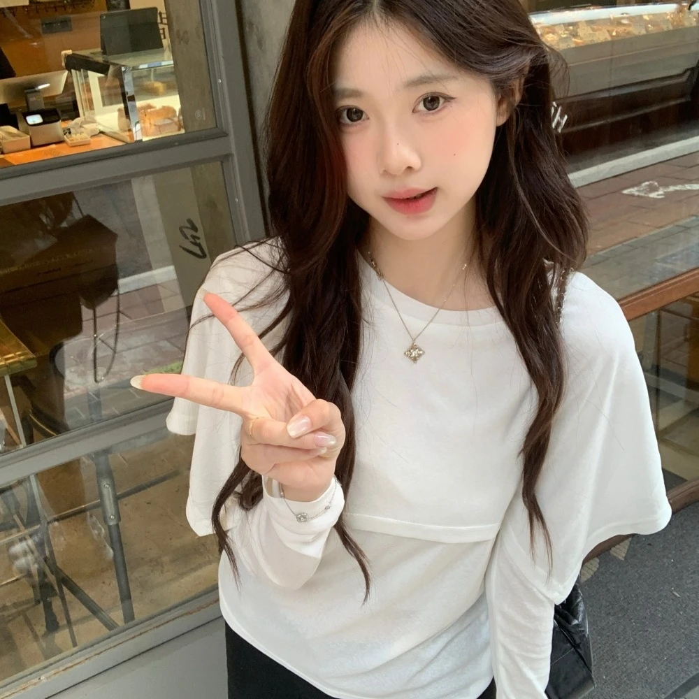 春秋季新款ins设计感t恤女假两件披肩长袖雪花棉修身百搭简约上衣