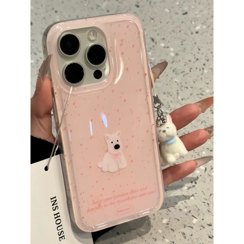 ins风满屏粉点粉色蝴蝶结小白狗适用iphone16promax苹果15p手机壳