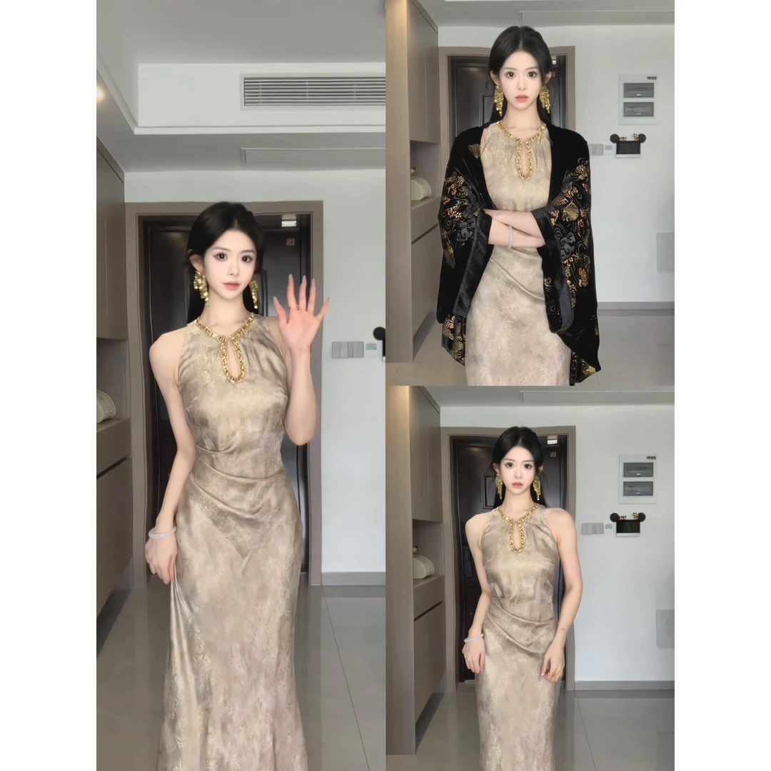 新中式国风复古改良旗袍连衣裙时尚气质减龄高级感修身包臀长裙