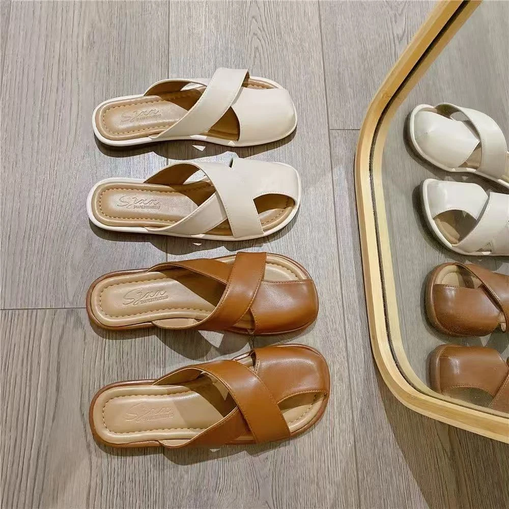 夏休闲款法式拖鞋女新款配裙子仙女风1316（平底包头交叉拖鞋）