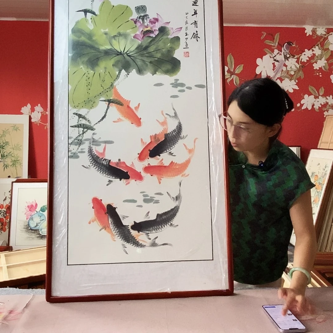 国画手写手绘国画作品带框包邮62✖️122