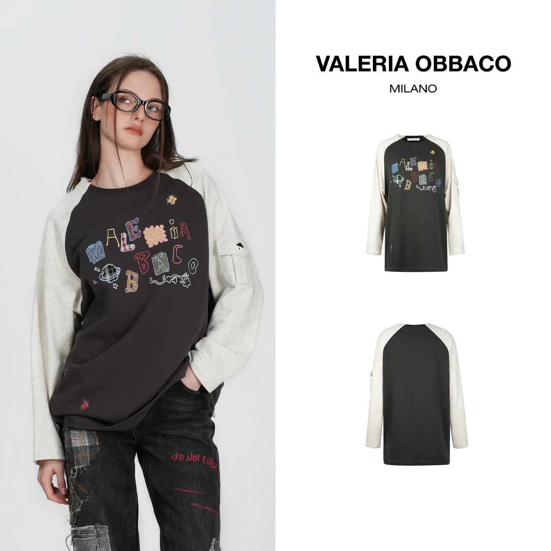 VALERIAOBBACO秋季新款休闲上衣VO黑白色趣味刺绣logoT恤