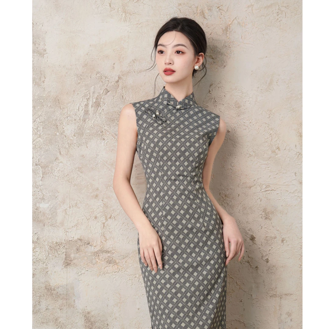 【花初开】新中式格子素雅国风旗袍2025年新款气质文艺连衣裙5708