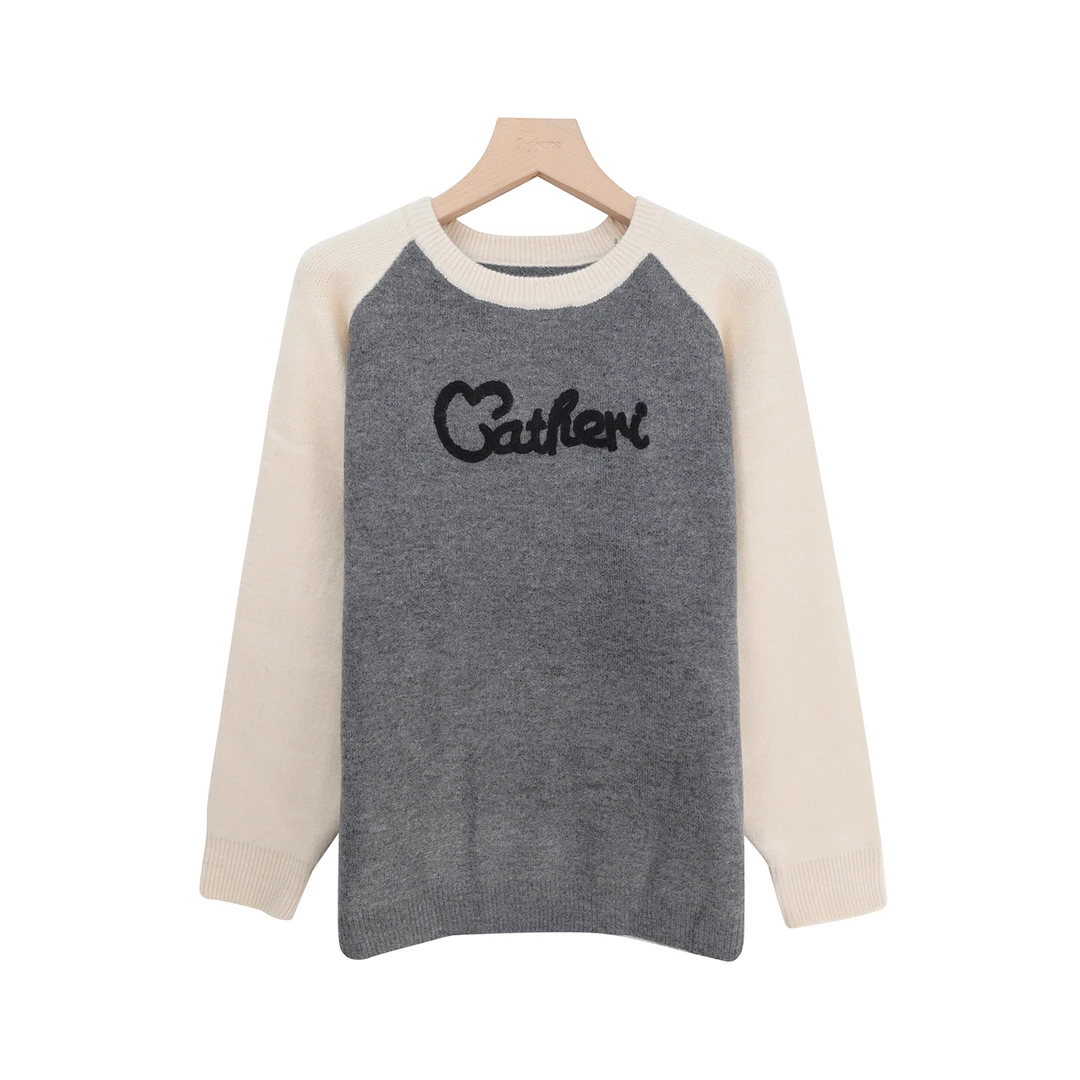 圆领拼接提花休闲宽松套头长袖针织衫K2469