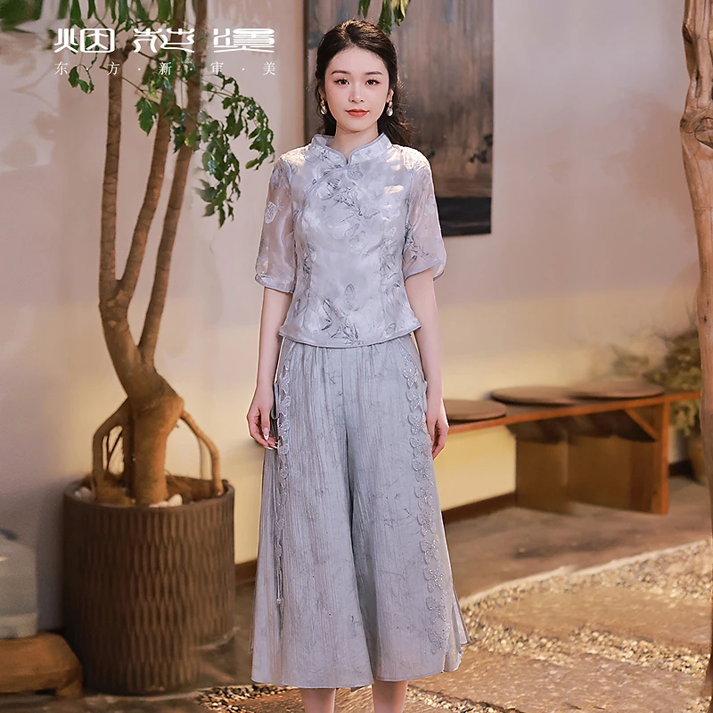 烟花烫新中式套装女2025夏季新款改良旗袍衬衫阔腿裤子 晨雾雾晨