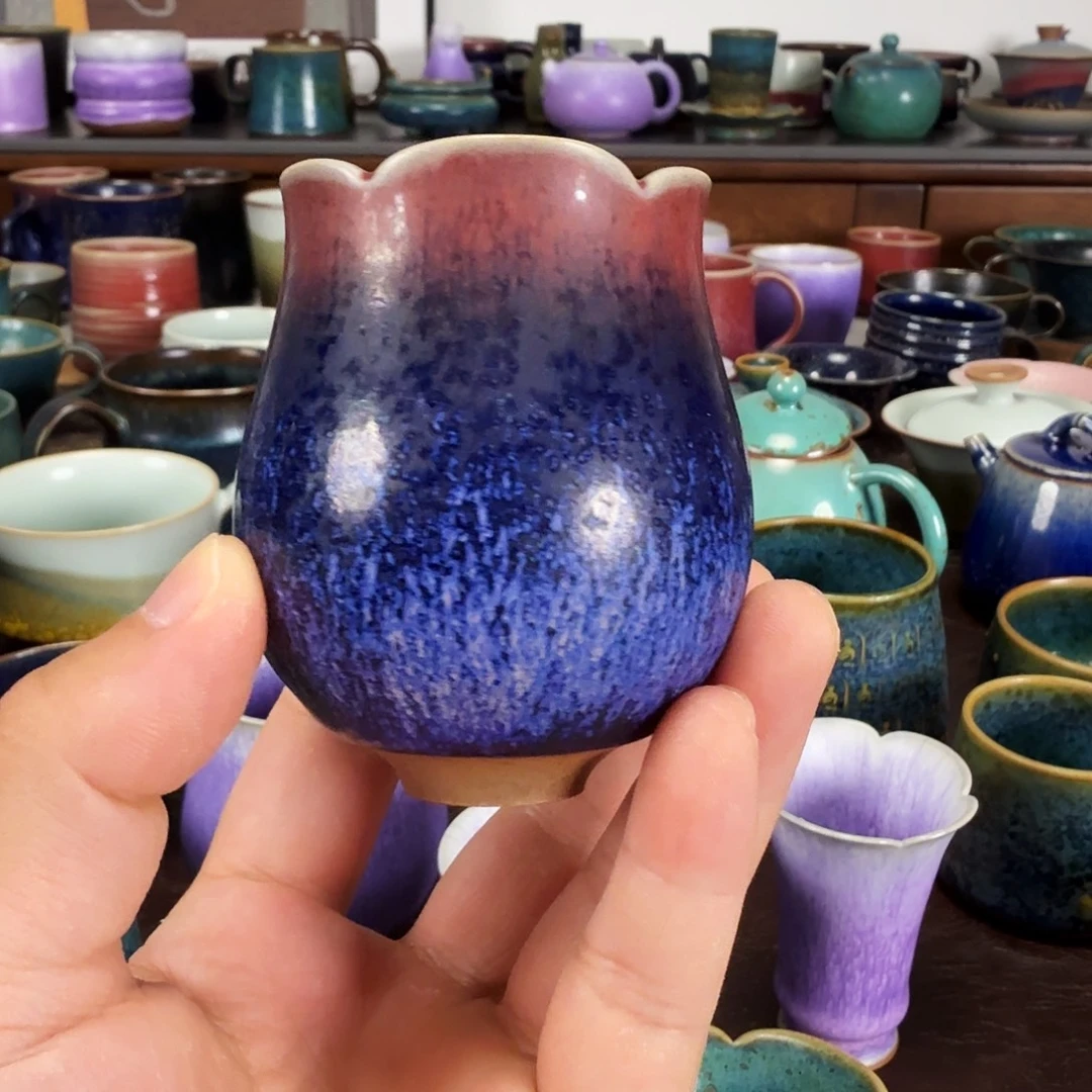 藏蓝釉花口杯高端瓷器任晓飞老师