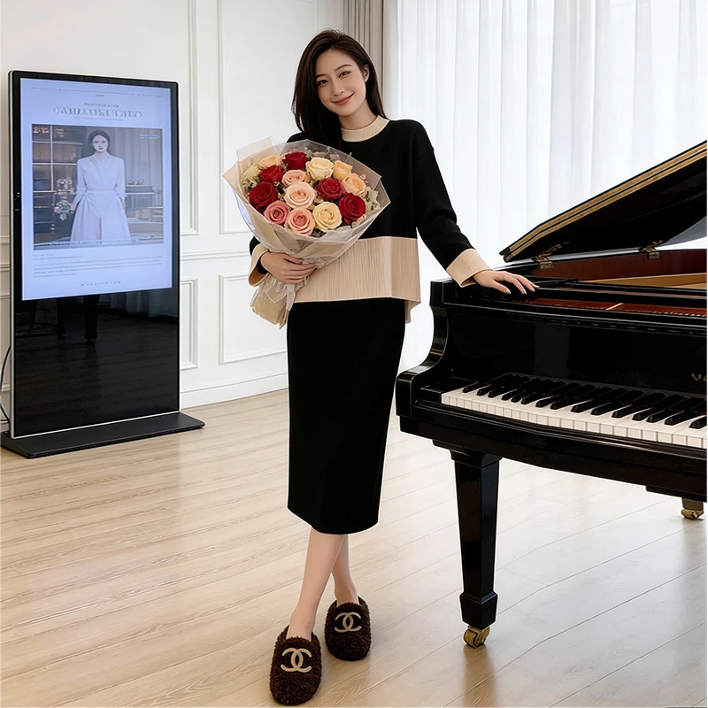 气质女神范高级感穿搭秋冬新款休闲慵懒风宽松显瘦拼色毛衣两件套