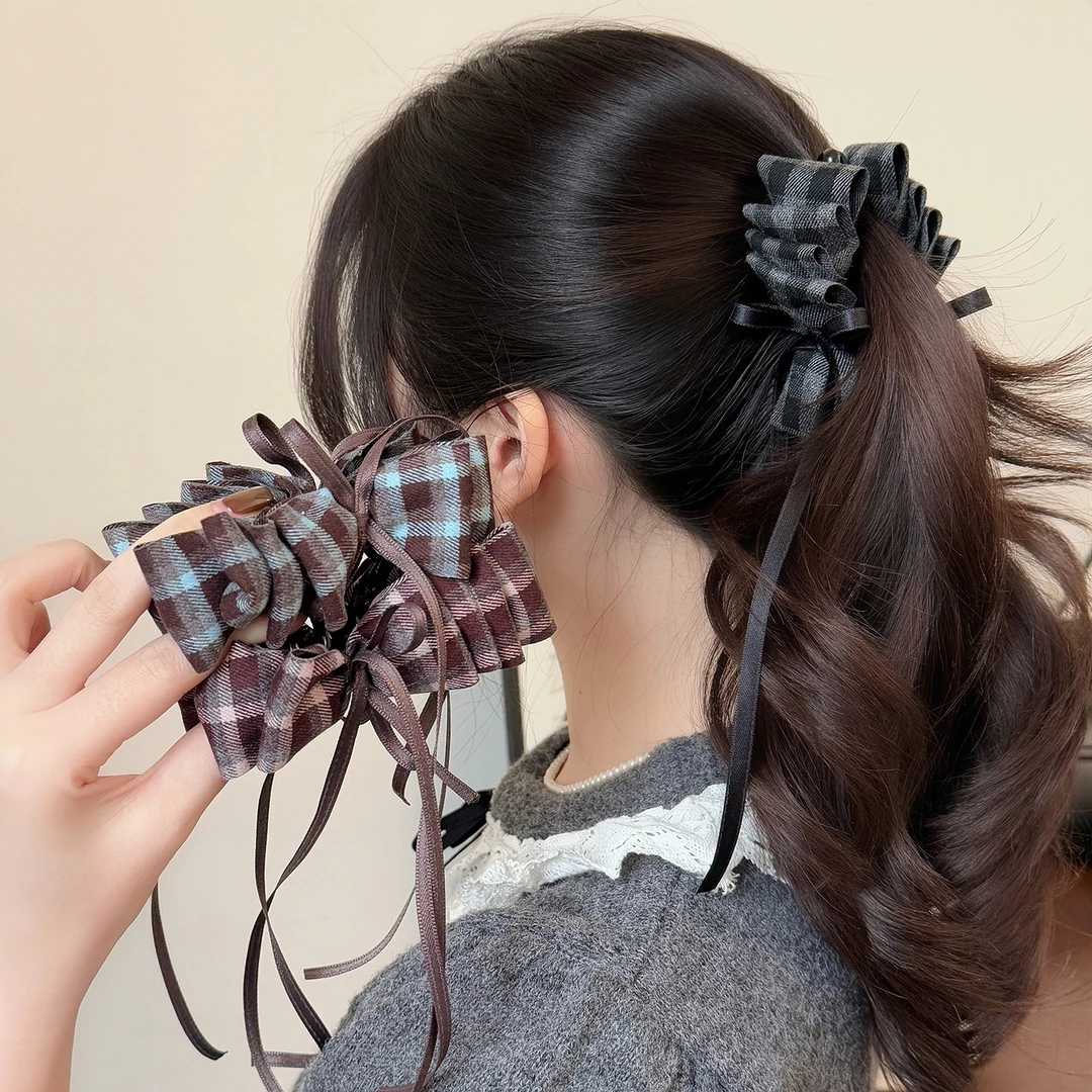 韩版学院风复古精致气质百搭女格纹香蕉夹发夹发饰