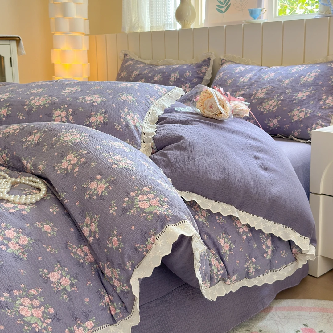 蕾丝花边皱皱沙四季床品套件柔软有氧云纱绵四件套简约印花小清新