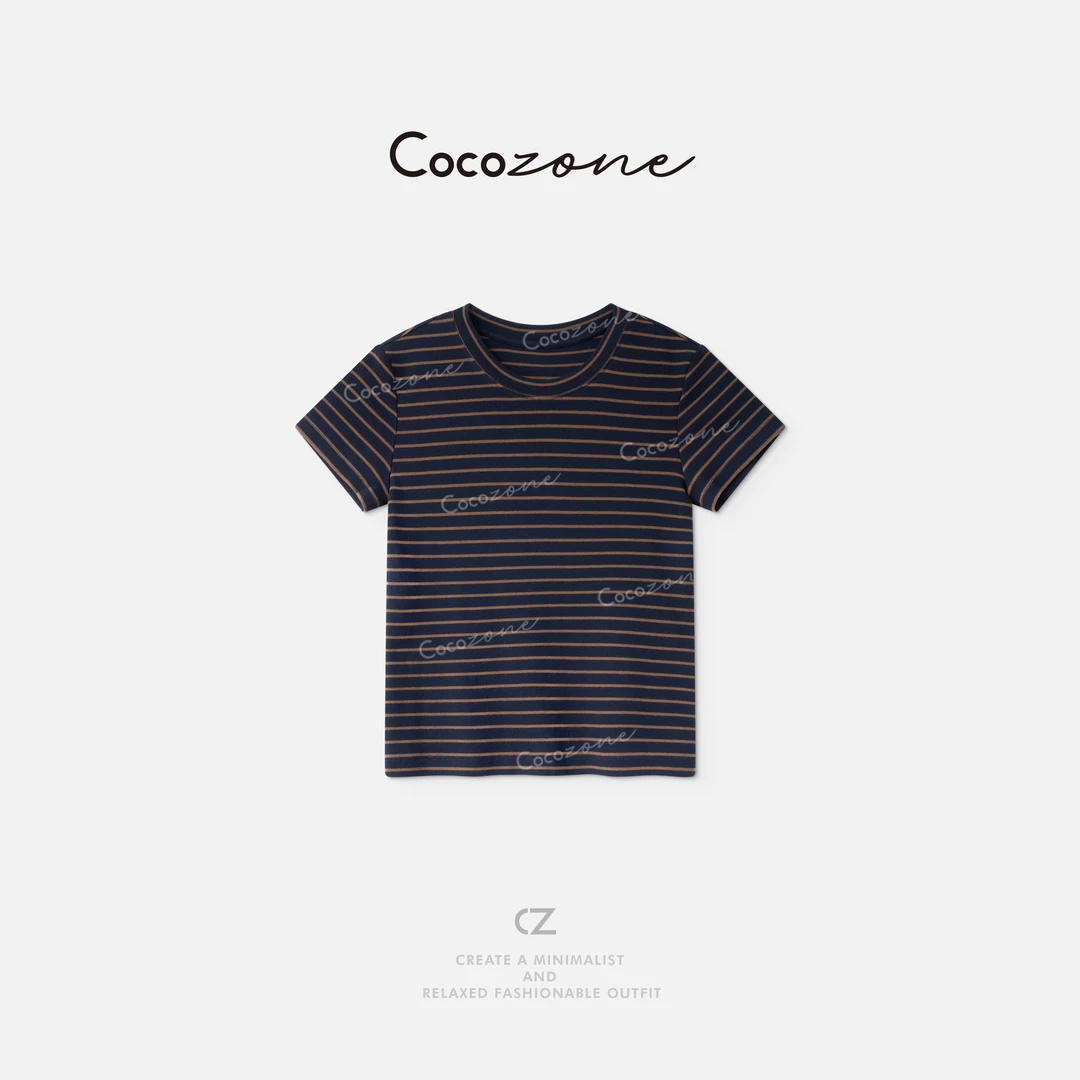 COCO ZONE 刘一一 【莱赛尔混纺】小圆领经典撞色条纹T恤 CD2A1659