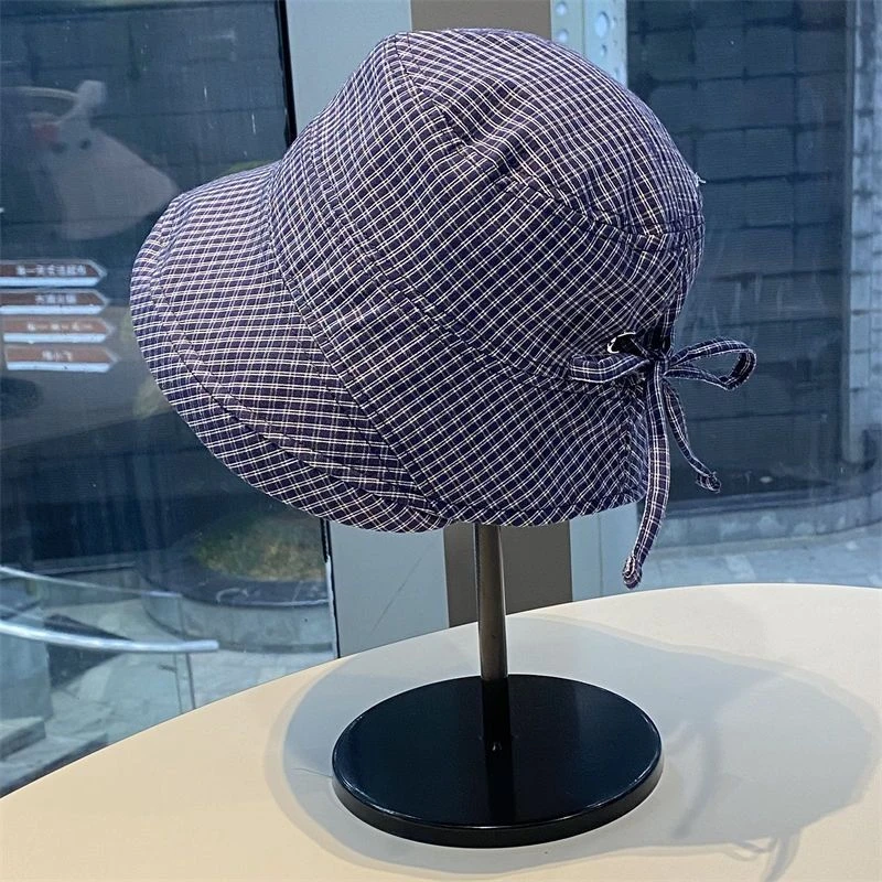 日系！格子卷边渔夫帽女夏季新款大檐速干遮阳防晒帽时尚显脸小LW