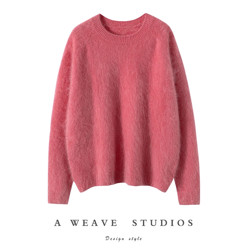 【100%纯山羊绒拉绒】加厚圆领套头针织毛衣羊绒衫女宽松大码拉绒