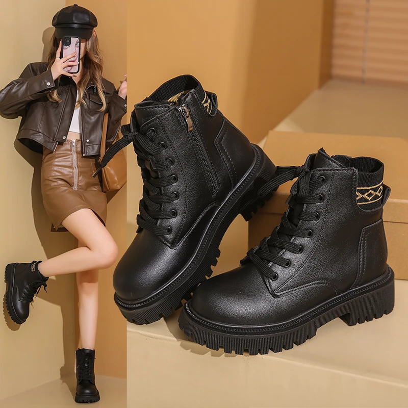 爆款加绒加厚英伦风马丁靴女秋冬新款时尚百搭粗跟软底女短靴大码