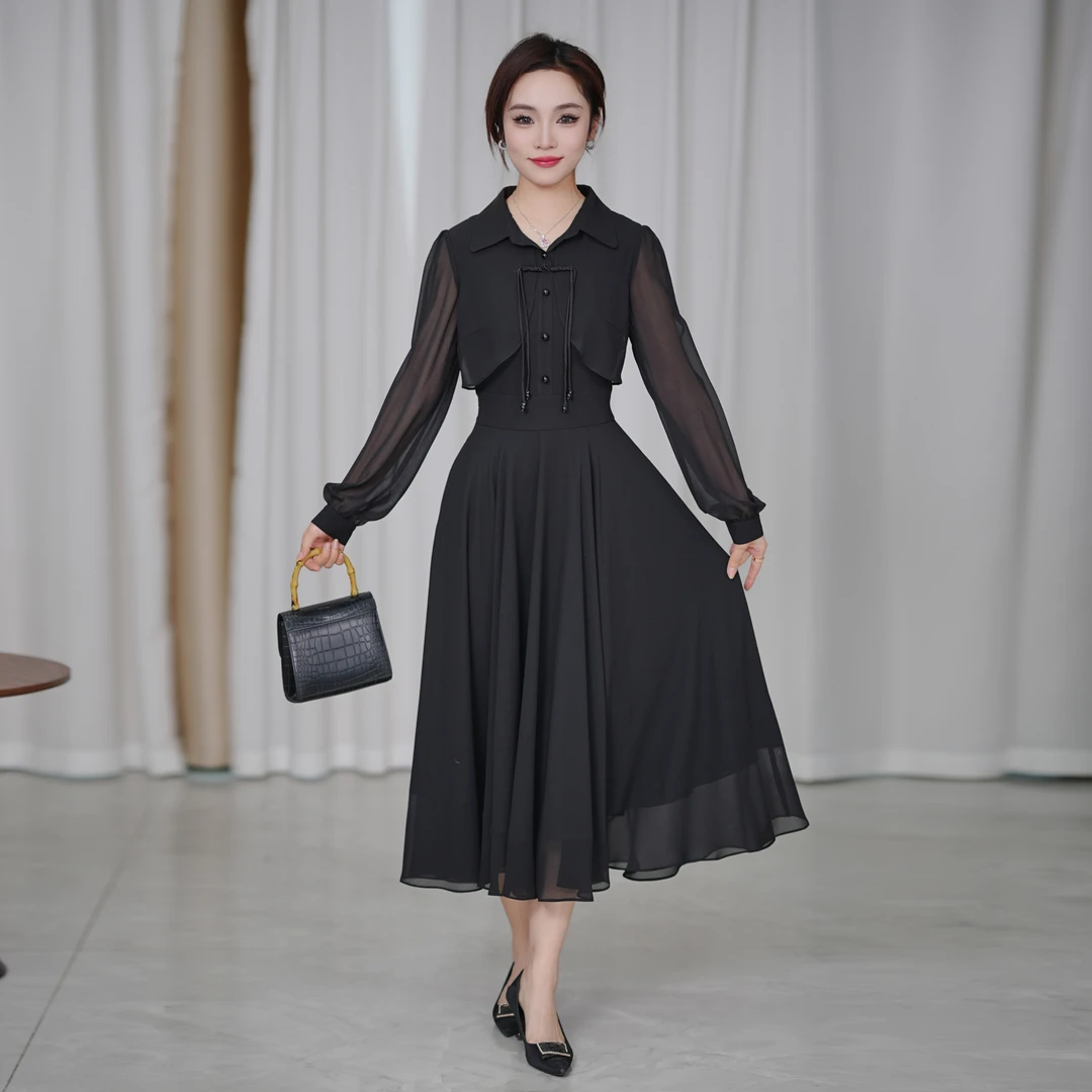 2025年春季时尚气质修身显瘦长裙轻奢纯色长款连衣裙女