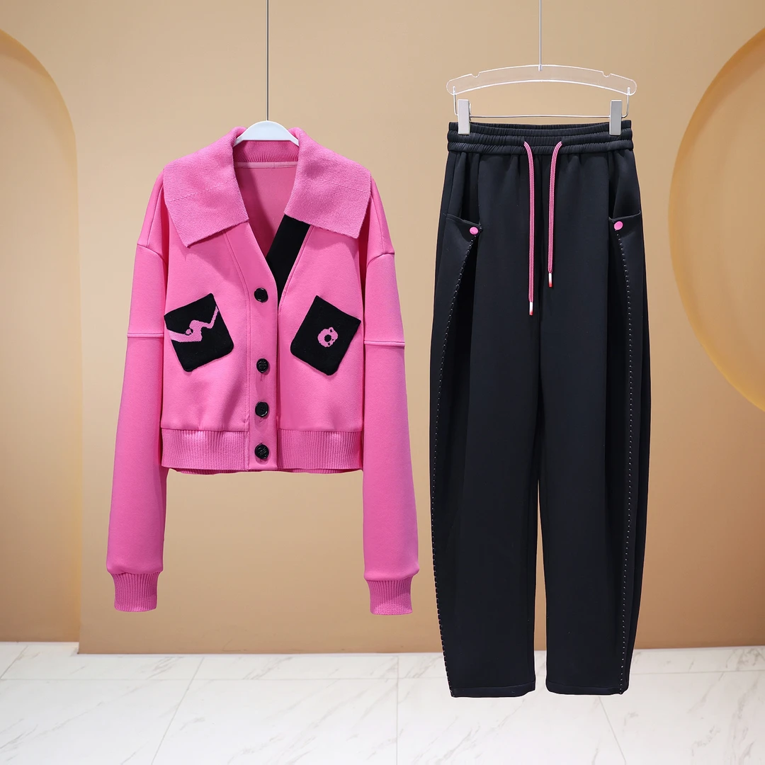 【子秋女装】2025欧洲站丹紫粉撞色水墨画针织休闲小众套装5923