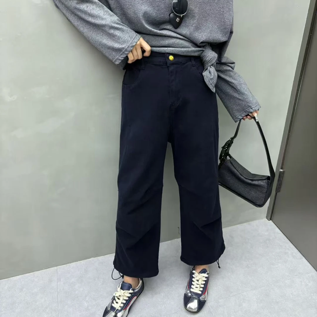复古宽松显瘦直筒牛仔裤女抽绳两穿痞帅炸街洋气秋季新款大码