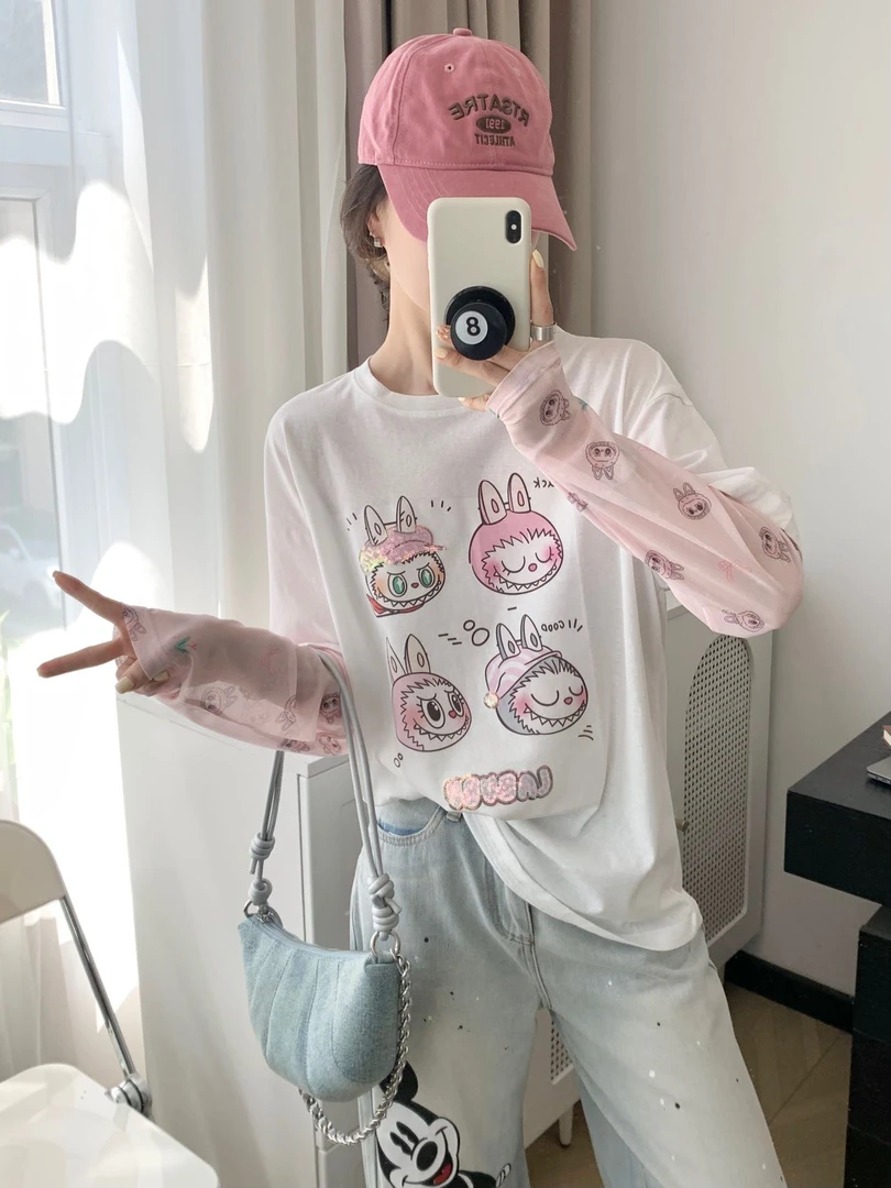 小雅姐姐  韩系慵懒可爱亮片网纱袖拼接假两件防晒T恤IS99