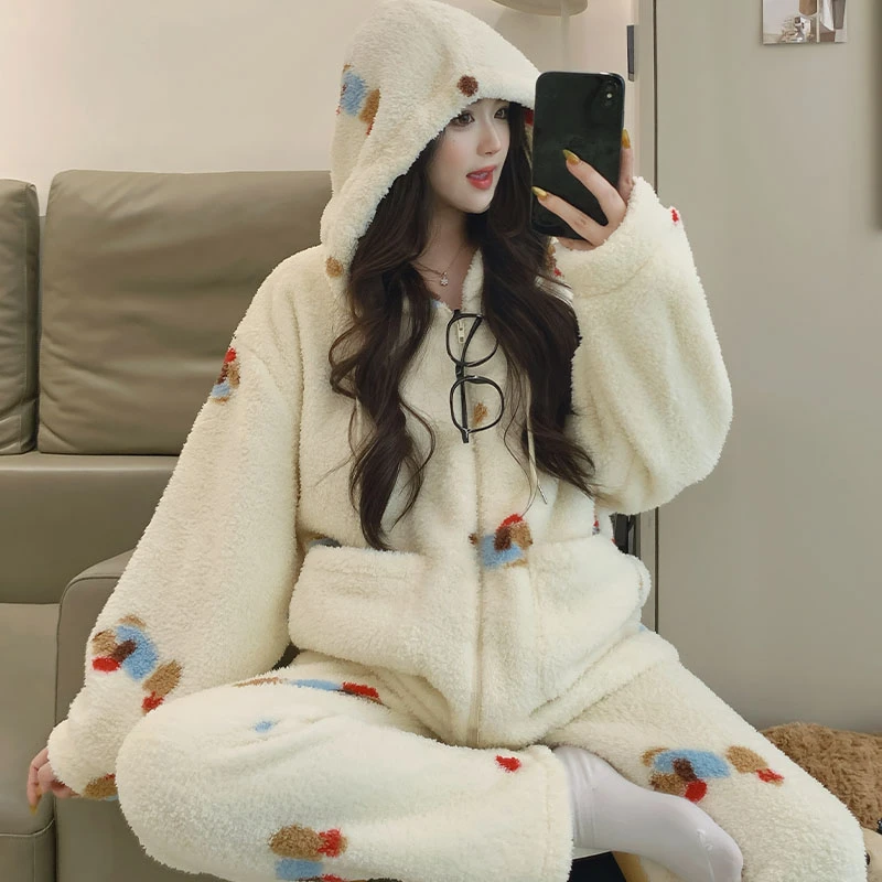 腊肠小狗连帽珊瑚绒睡衣女款秋冬季爆款加绒加厚拉链法兰绒家居服