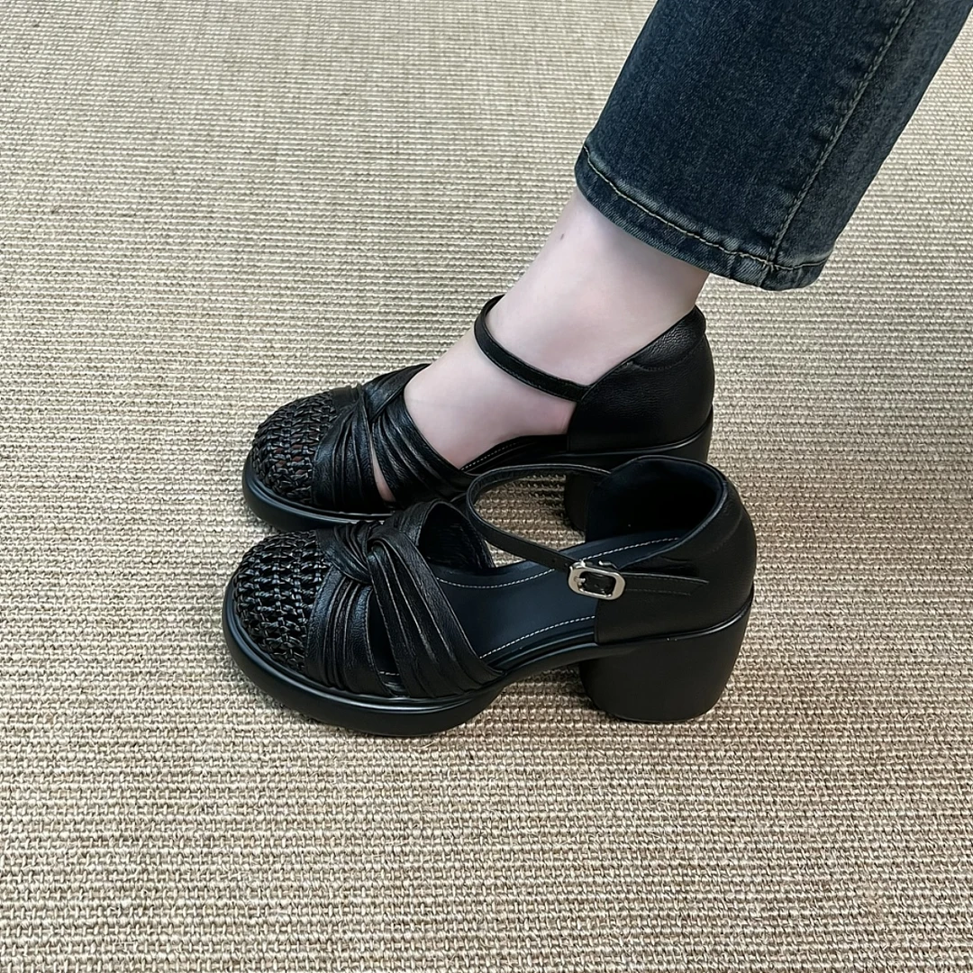 夏季新款编织镂空交叉带凉鞋女8cm粗跟厚底一字式扣带凉鞋女