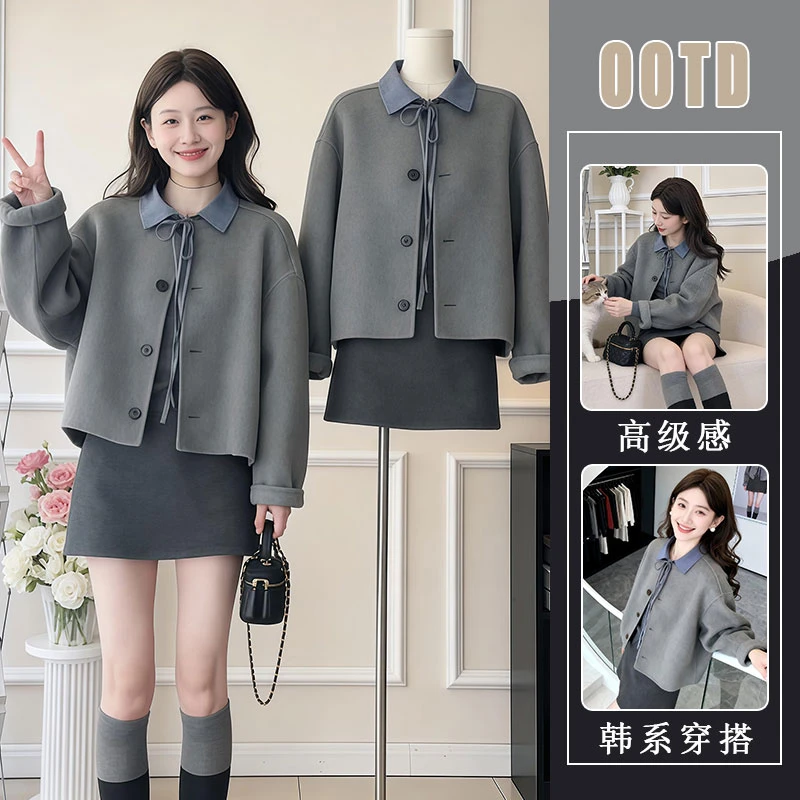 秋冬季搭配一整套大码胖mm毛呢外套衬衫短裙松弛感独特三件套装女
