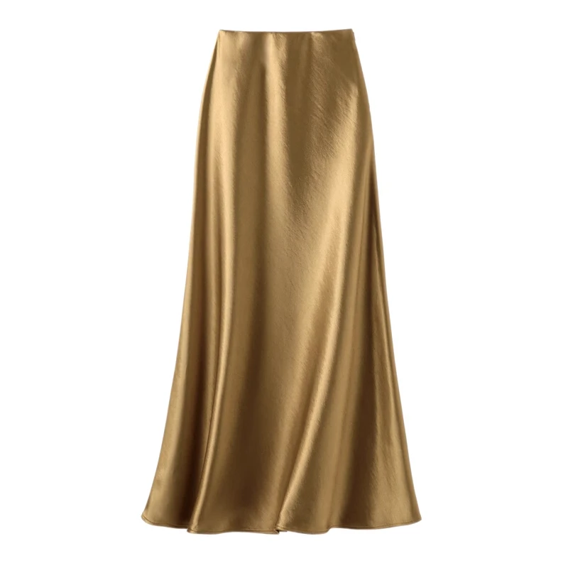 拉夏贝尔高端醋酸缎面半身裙女2025秋丝滑垂感斜裁法式鱼尾长裙子