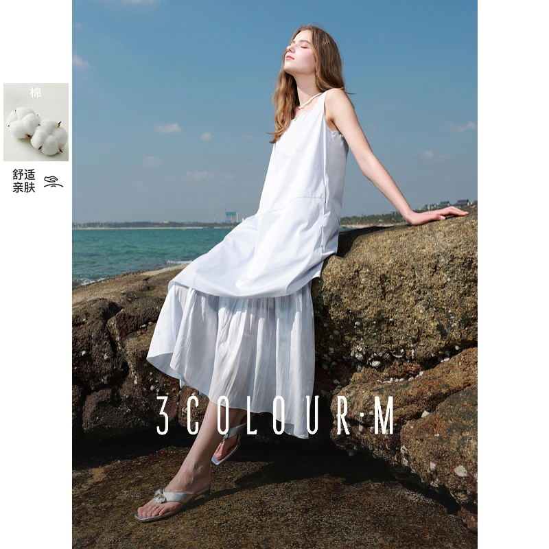 0800三彩2025春季新款假两件连衣裙方领无袖拼接A字裙纯色长dbc