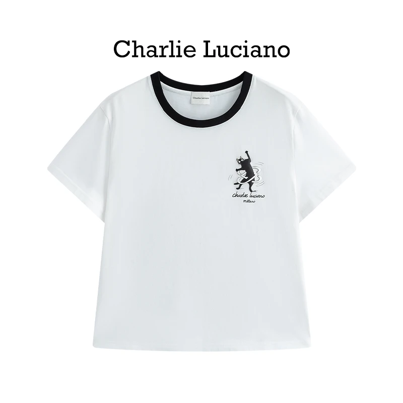 Charlie Luciano2025夏季新款猫标识发泡印花短袖T恤百搭女上衣