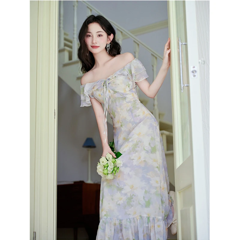 温柔风小清新连衣裙女法式气质茶歇两穿碎花裙子晕染印花休闲度假