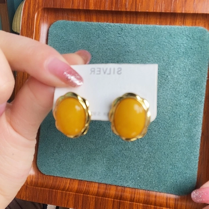 蜜蜡银S925镶嵌耳饰耳钉