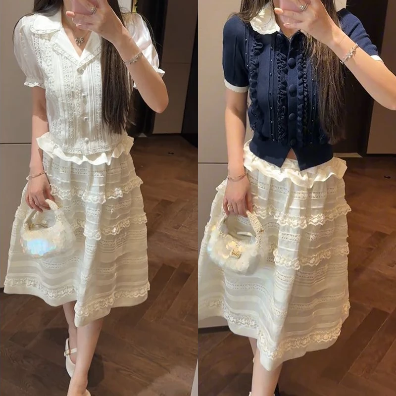 【mimius】七七 25早秋娃娃领针织开衫+钉珠衬衫+半裙（正腰）WG07005